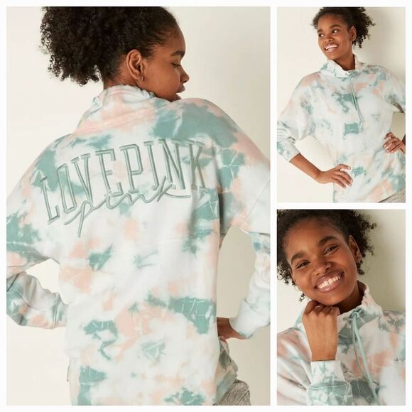 🔹️Victoria's Secret PINK Optic White Seasalt Tie Dye Cowl Neck Sweatshirt Small - Picture 1 of 12